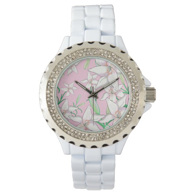 White Lillies på Rosa Background Illustration Armbandsur (Framsida)
