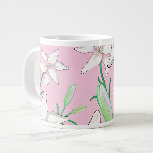 White Lillies på Rosa Background Illustration Jumbo Mugg (Framsida vänster)