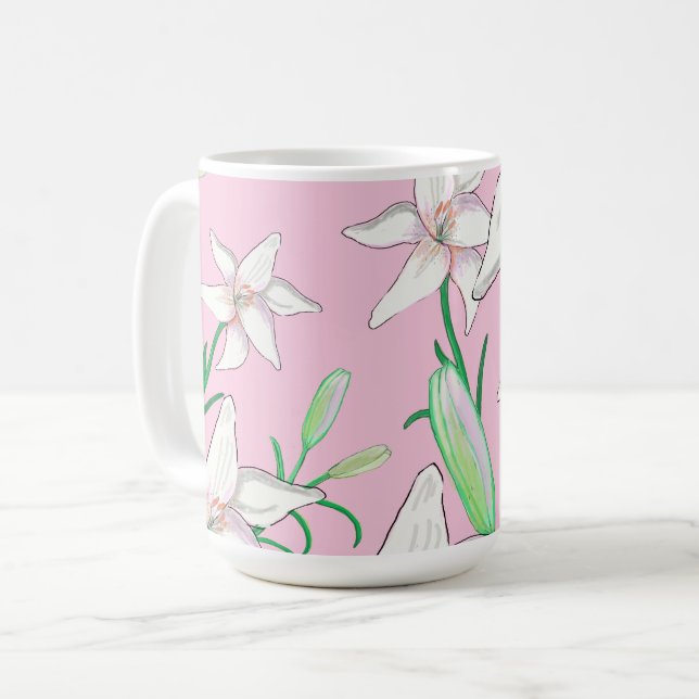 White Lillies på Rosa Background Illustration Kaffemugg (Framsida vänster)