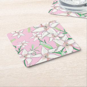 White Lillies på Rosa Background Illustration Underlägg Papper Kvadrat