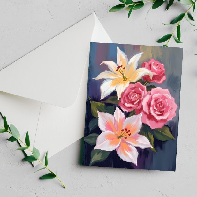 White Lillies Pink Rose Bouquet Watercolor Card (Skapare uppladdad)