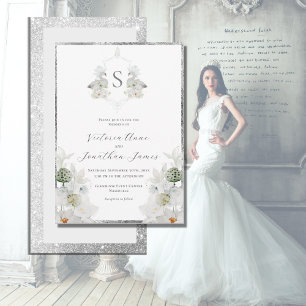 White Lilly Svan Monogram Vapensköld Elegant bröll Inbjudningar