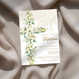 White Lily Blommigt Kor Faux Guld Glitter Baptism Inbjudningar