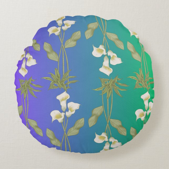 White Lily-blommönster Rund Kudde (Framsidan)