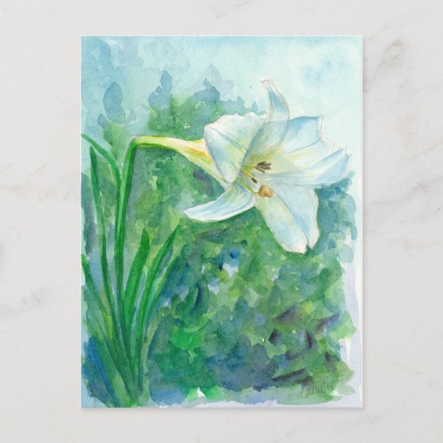White Lily Flower Watercolor Painting Vykort (Framsida)