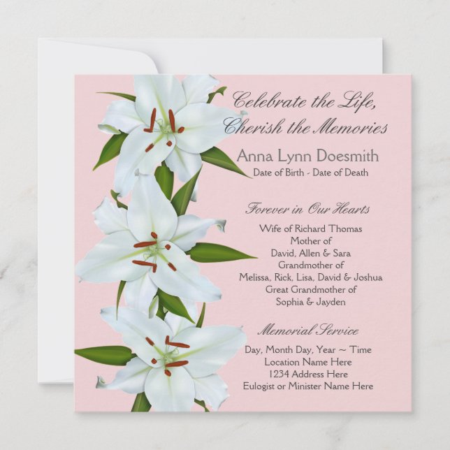 White Lily Funeral Meddelanden Inbjudningar (Framsida)