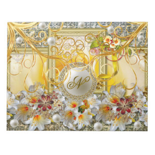 White Lily Guld Träd Silver Pearls Damask Abstrakt Anteckningsblock