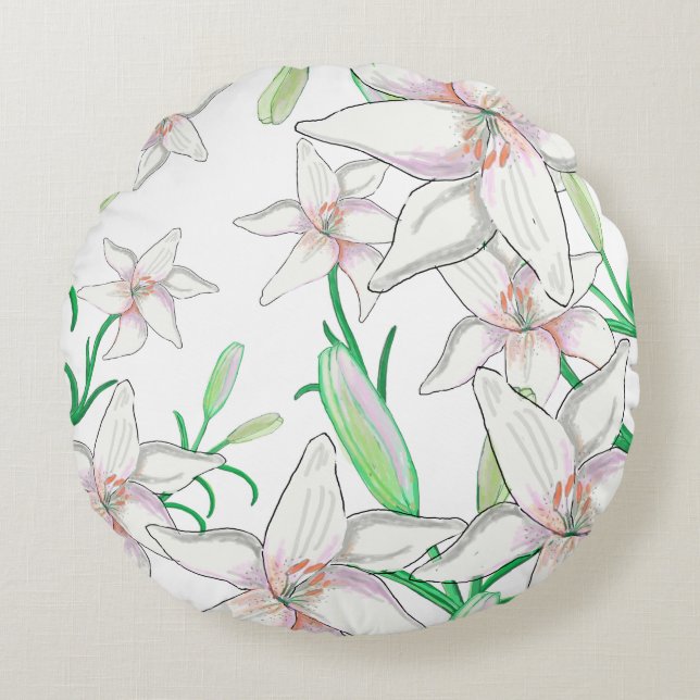 White Lily Illustration Rund Kudde (Framsidan)