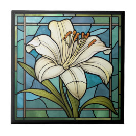 White Lily Stached Glass Kakelplatta