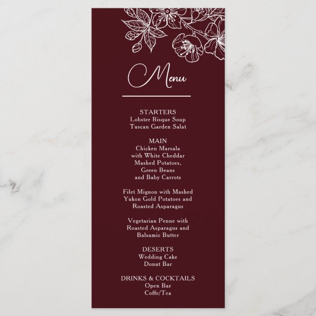 White Line Art Flowers Deep Burgundy Wedding Meny (Framsida)