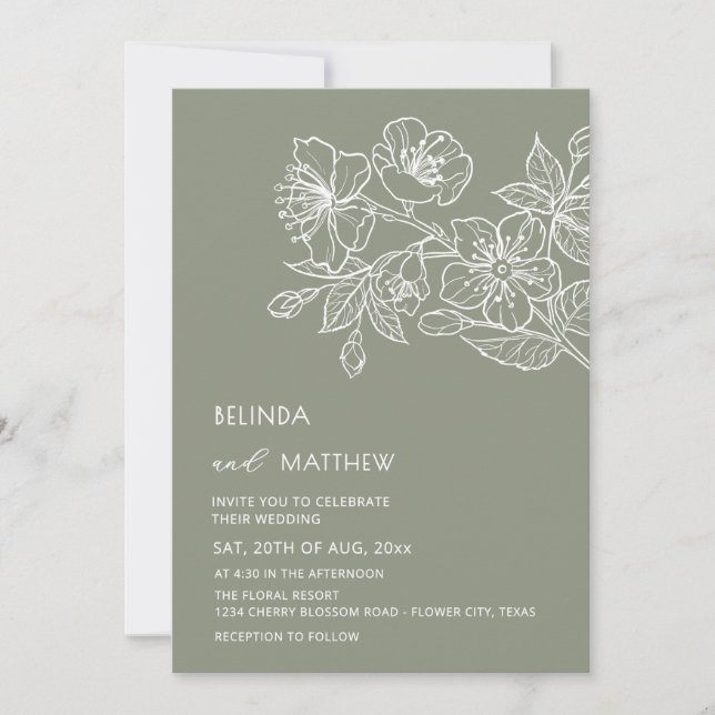 White Line Art Flowers Sage Green Casual Wedding Inbjudningar (Framsida)