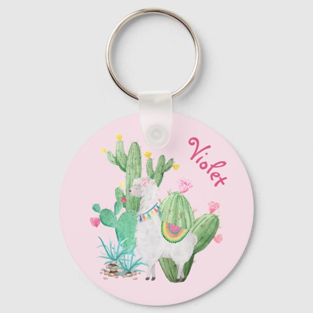 White Llama & Cactus w Flowers - Pastel Rosa Nyckelring (Framsida)