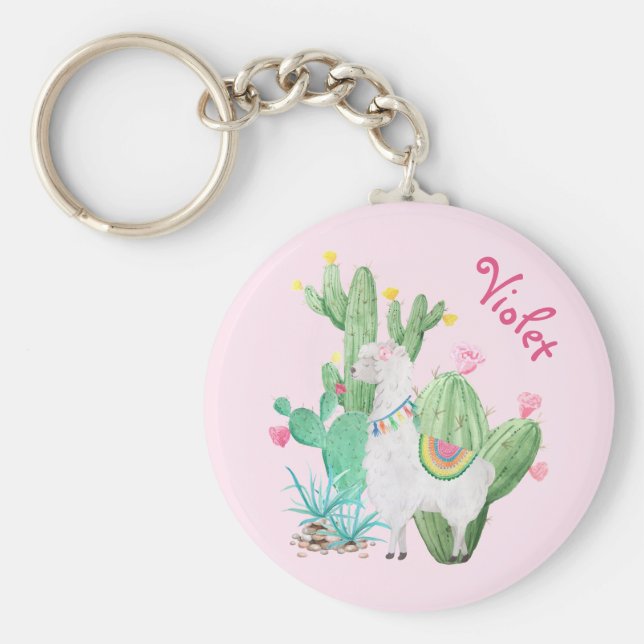 White Llama & Cactus w Flowers - Pastel Rosa Nyckelring (Framsidan)
