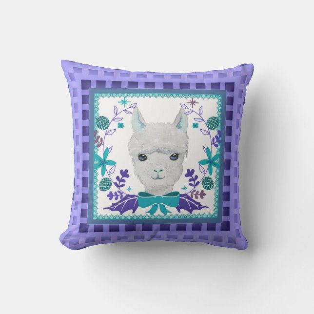 White Llama Lila Lavender Blue-Grönt Nursery Kudde (Framsida)