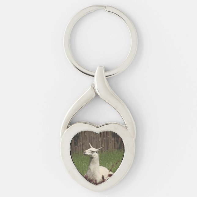 White Llama Twisted Heart Silverfärgad Nyckelring (Framsidan)
