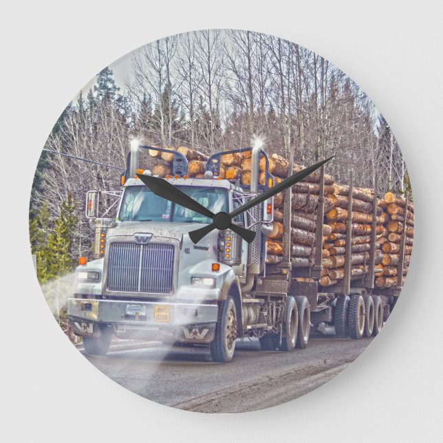 White Logging Lastbil Lumber Mill Delivery Art Stor Klocka (Framsida)