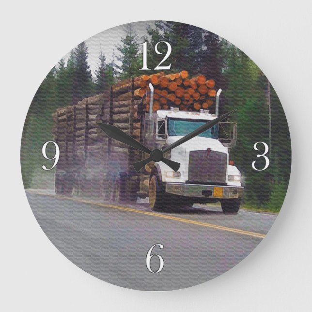 White Logging Truck Drivers Wall Clock Stor Klocka (Framsida)