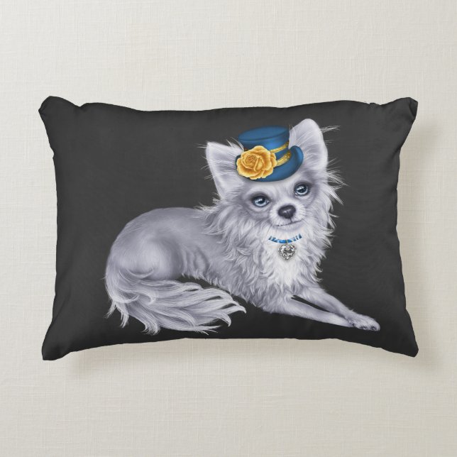 WHITE Long-HERE Chihuahua Pillow med Hat Prydnadskudde (Framsidan)