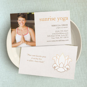White Lotus Flower Yoga Teacher Photo Beige Visitkort