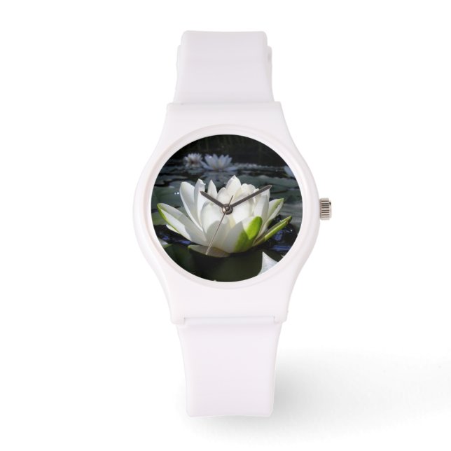 White Lotus on Sporty Watch, White Silicone Strap Armbandsur (Framsida)