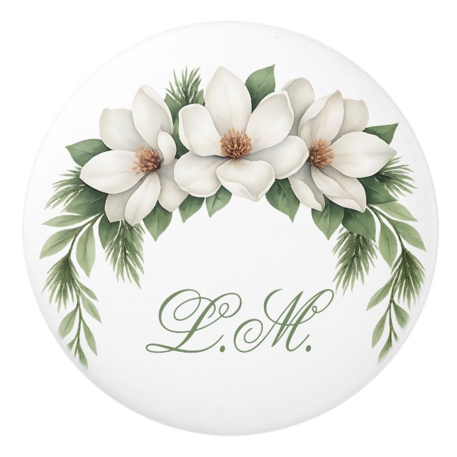White Magnolia Blommar Blommigt Greenery Monogram Knopp (Framsidan)
