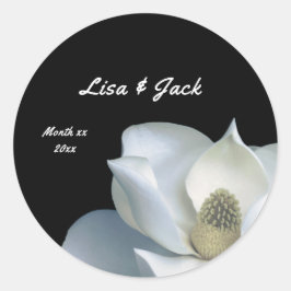 White Magnolia Elegant Black and White Bröllop Runt Klistermärke