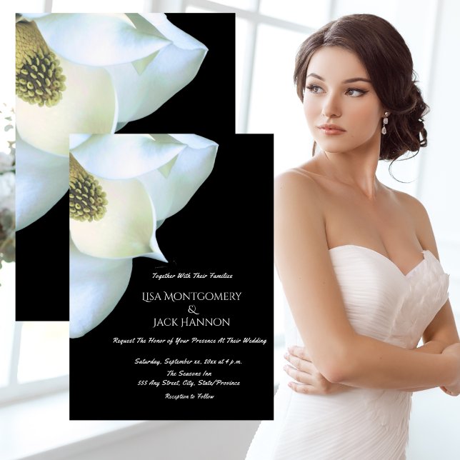 White Magnolia Elegant Black White Blommigt Bröllo Inbjudningar (White Magnolia Elegant Black White Floral Wedding Invitation)
