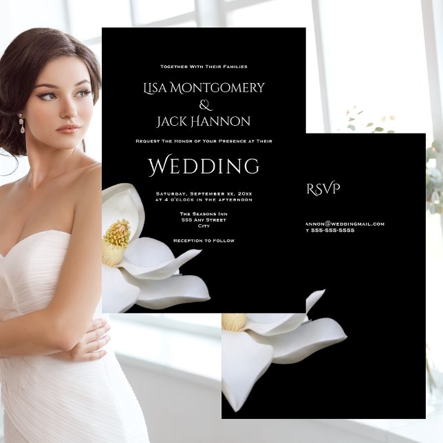 White Magnolia Elegant Blommigt på Black Bröllop Inbjudningar (White Magnolia Elegant Floral on Black Wedding Invitation With RSVP)