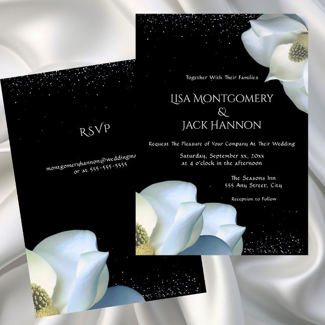 White Magnolia Elegant Blommigt på Black Bröllop Inbjudningar (White Magnolia Elegant Floral on Black Wedding Invitation - Confetti)