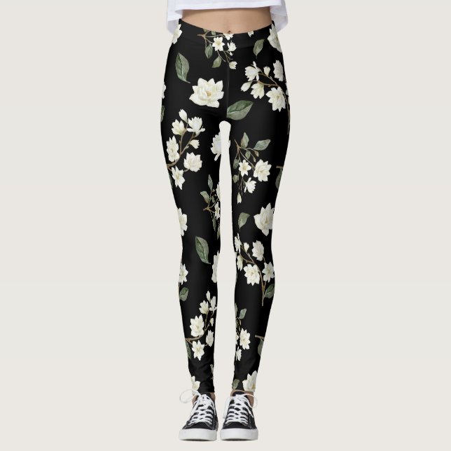 White Magnolia Flowers on Black Leggings (Framsida)