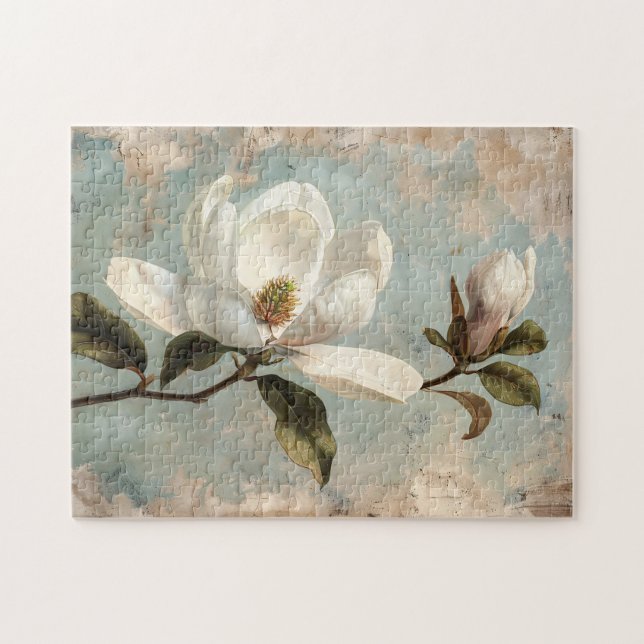 White Magnolia Flowers Vintage Pussel (Horisontell)