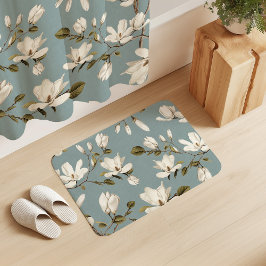 White Magnolia Grove on Duck Blue Elegant Floral  Badrumsmatta