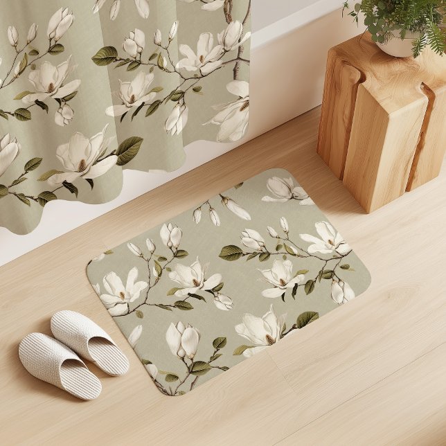White Magnolia Grove on Ecru Beige Elegant Floral  Badrumsmatta (Skapare uppladdad)
