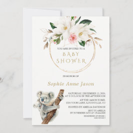 White Magnolia Guld Cute Koala Baby Shower Inbjudningar