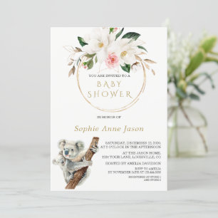 White Magnolia Guld Cute Koala Baby Shower Inbjudningar
