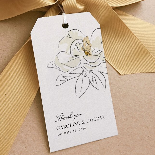White Magnolia Illustration Bröllop Tack Presentetikett (Elegant Southern-inspired white magnolia illustration wedding thank you favor gift tags.)