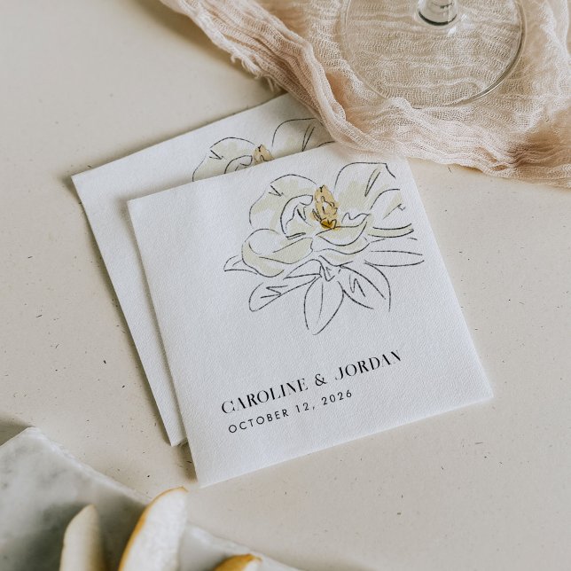 White Magnolia Illustration Modern Minimal Bröllop Pappersservett (Elegant Southern-inspired white magnolia illustration wedding paper napkins.)
