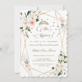 White Magnolia Rosa Blommigt Guld Quinceañera Inbjudningar