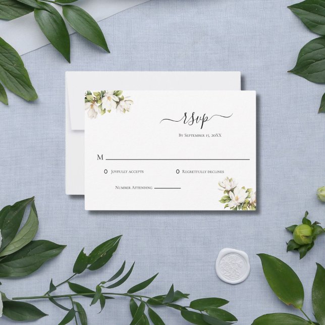 White Magnolias Elegant bröllop OSA kort (White Magnolia Floral Classic Elegant Wedding RSVP Card)