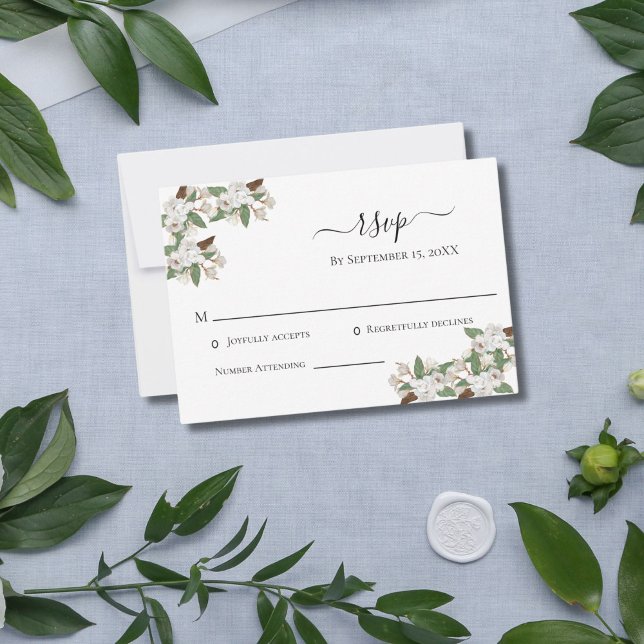 White Magnolias Elegant bröllop OSA kort (White Magnolias Wedding RSVP card)
