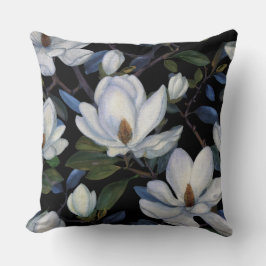 White magnolias on black pattern kudde