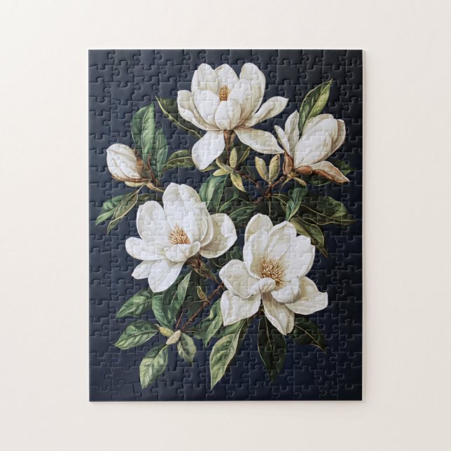 White Magnolias on Navy Blue Pussel (Vertikal)