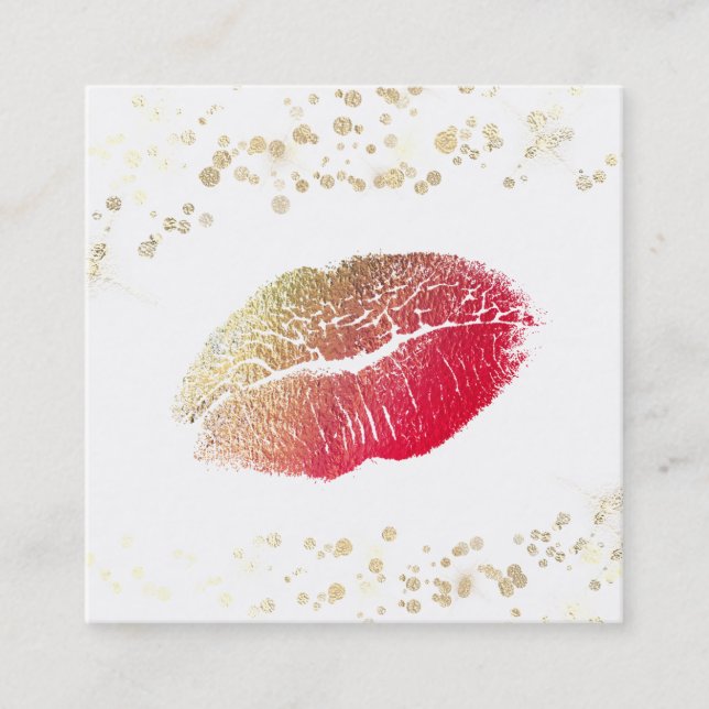*~* White Makeup Red Läppar Guld confetti Fyrkantigt Visitkort (Framsida)