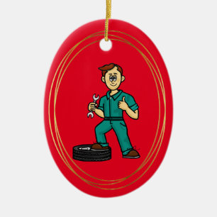 White Male Automotive Mechanic jul Ornament
