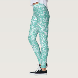 White Mandala Art Mönster på Light Teal Blue Gr Leggings