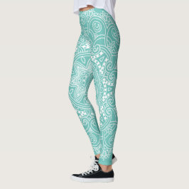 White Mandala Art Mönster på Light Teal Blue Grönt Leggings