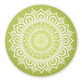 White Mandala on Grönt Ceramic pull Knob Knopp