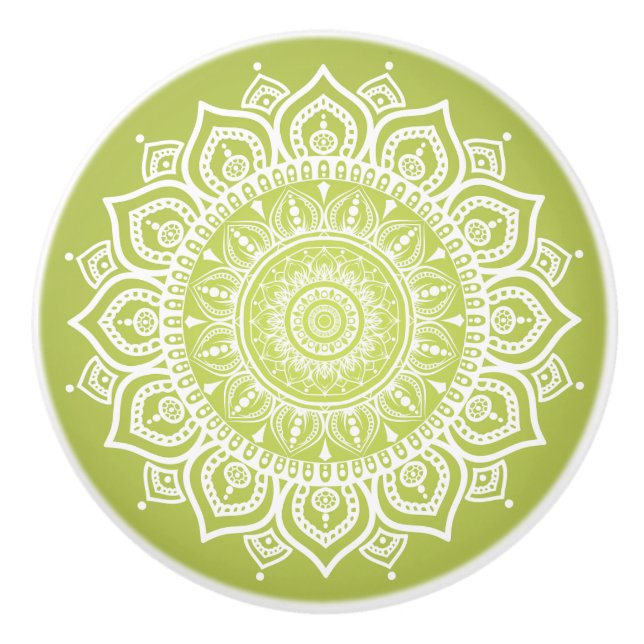 White Mandala on Grönt Ceramic pull Knob Knopp (Framsidan)