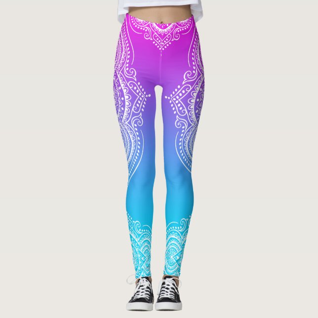 White mandala on rosa to blue ombre leggings (Framsida)