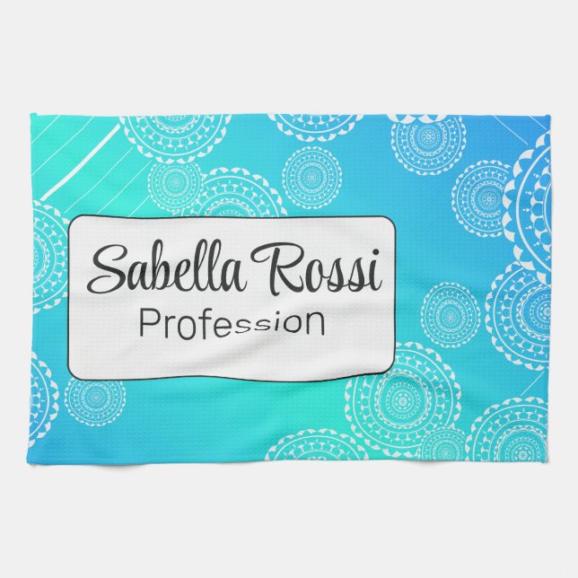 White Mandala på Aqua Blue Blended Rainbow White Kökshandduk (Horisontell)